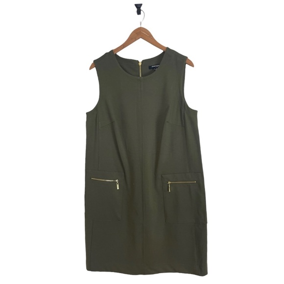 Sharagano Green Sheath Dress with Exposed Zippers on Front Pockets and down Back - Picture 2 of 7